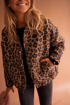 Women's Leopard Print Bomber Jacket Snap-Button Casual Outerwear - Lolly 