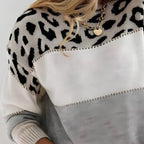 Women's Leopard Print Color Block Knit Sweater Casual Everyday Cozy Fall Winter Streetwear Chic – Rosie White Grey - Lolly 