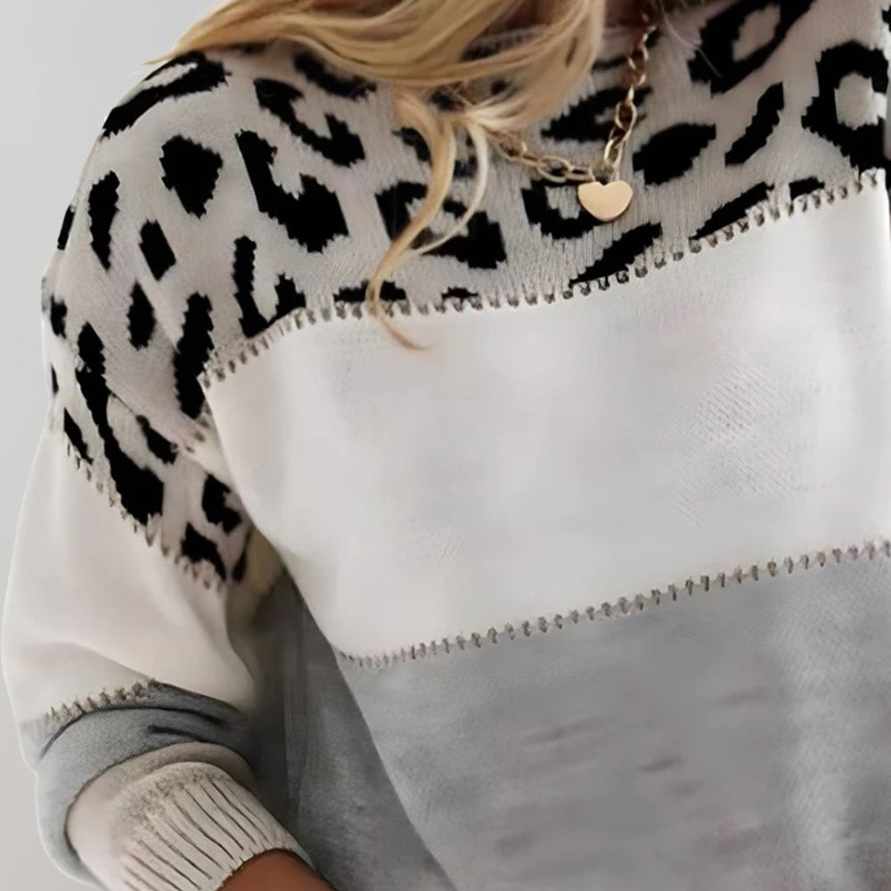 Women's Leopard Print Color Block Knit Sweater Casual Everyday Cozy Fall Winter Streetwear Chic – Rosie White Grey - Lolly 