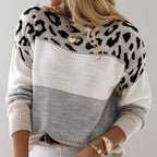 Women's Leopard Print Color Block Knit Sweater Casual Everyday Cozy Fall Winter Streetwear Chic – Rosie White Grey - Lolly 