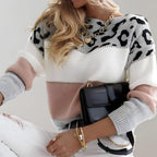 Women's Leopard Print Color Block Knit Sweater Casual Everyday Cozy Fall Winter Streetwear Chic – Rosie White Grey - Lolly 
