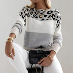Women's Leopard Print Color Block Knit Sweater Casual Everyday Cozy Fall Winter Streetwear Chic – Rosie White Grey - Lolly 