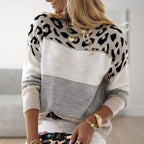 Women's Leopard Print Color Block Sweater Oversized Pullover Casual Winter Knit - Lolly 