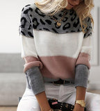 Women's Leopard Print Color Block Sweater Oversized Pullover Casual Winter Knit - Lolly 