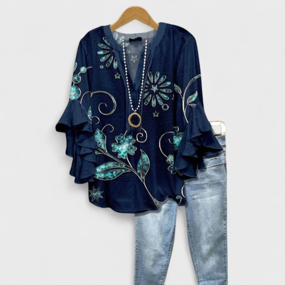 Women's Lightweight Floral Print Blouse Ruffle Bell Sleeve V-Neck Casual Elegant Everyday Top – Kay - Lolly 