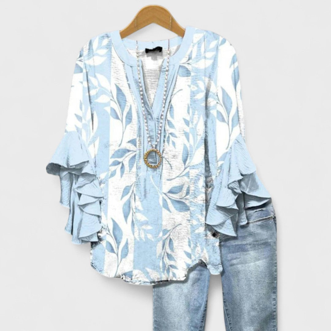 Women's Lightweight Floral Print Blouse Ruffle Bell Sleeve V-Neck Casual Elegant Everyday Top – Kay - Lolly 