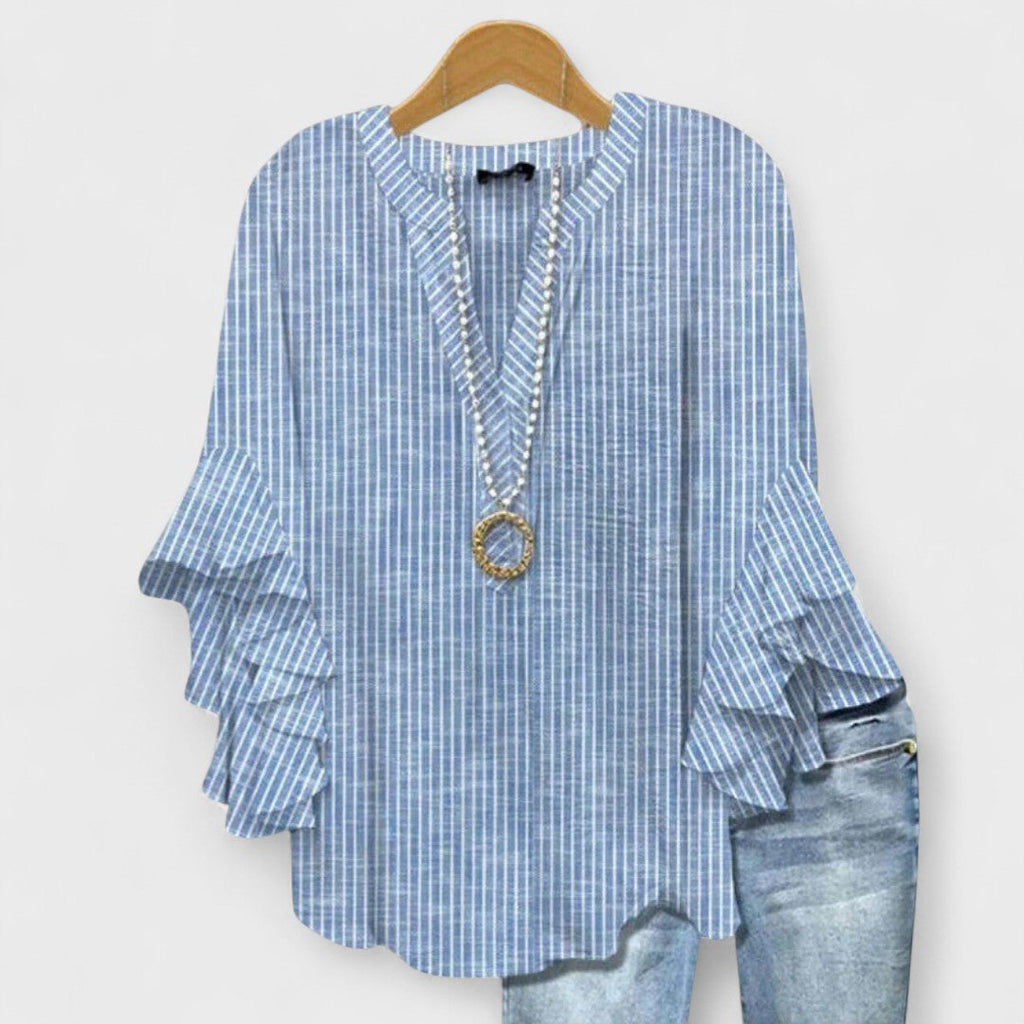 Women's Lightweight Floral Print Blouse Ruffle Bell Sleeve V-Neck Casual Elegant Everyday Top – Kay - Lolly 