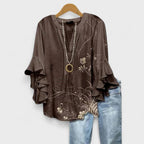 Women's Lightweight Floral Print Blouse Ruffle Bell Sleeve V-Neck Casual Elegant Everyday Top – Kay - Lolly 