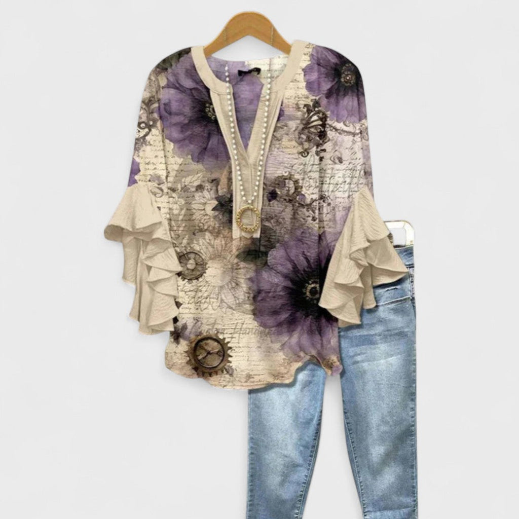 Women's Lightweight Floral Print Blouse Ruffle Bell Sleeve V-Neck Casual Elegant Everyday Top – Kay - Lolly 