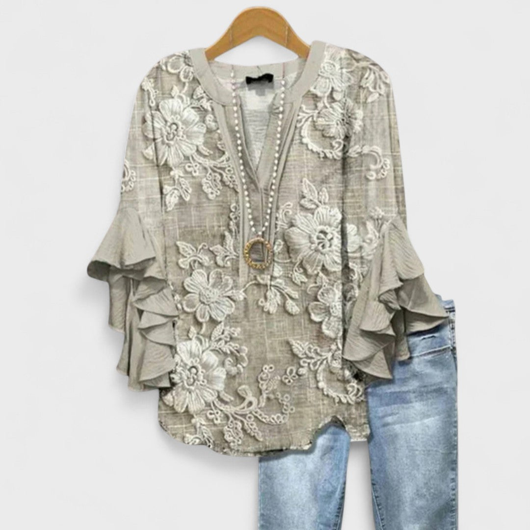 Women's Lightweight Floral Print Blouse Ruffle Bell Sleeve V-Neck Casual Elegant Everyday Top – Kay - Lolly 