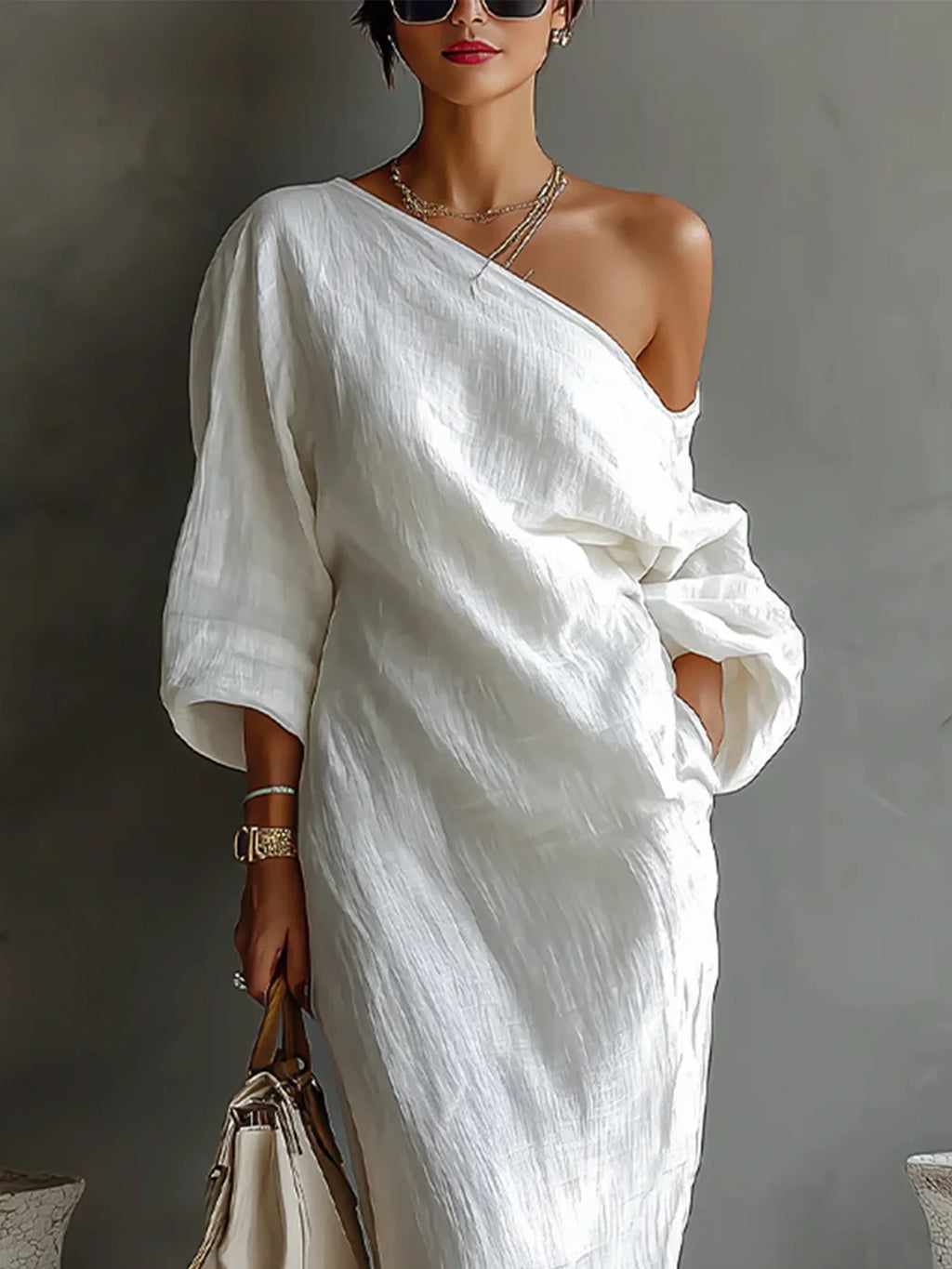 Women's Linen Balloon Sleeve Long Dress Off-Shoulder Oversized Relaxed Fit Casual Summer Beach Vacation Resort Everyday – Brisa - Lolly 