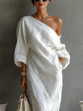 Women's Linen Balloon Sleeve Long Dress Off-Shoulder Oversized Relaxed Fit Casual Summer Beach Vacation Resort Everyday – Brisa - Lolly 