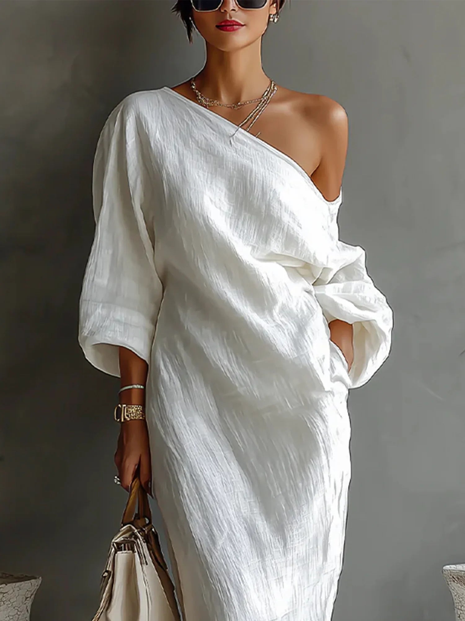 Women's Linen Balloon Sleeve Long Dress Off-Shoulder Oversized Relaxed Fit Casual Summer Beach Vacation Resort Everyday – Brisa - Lolly 