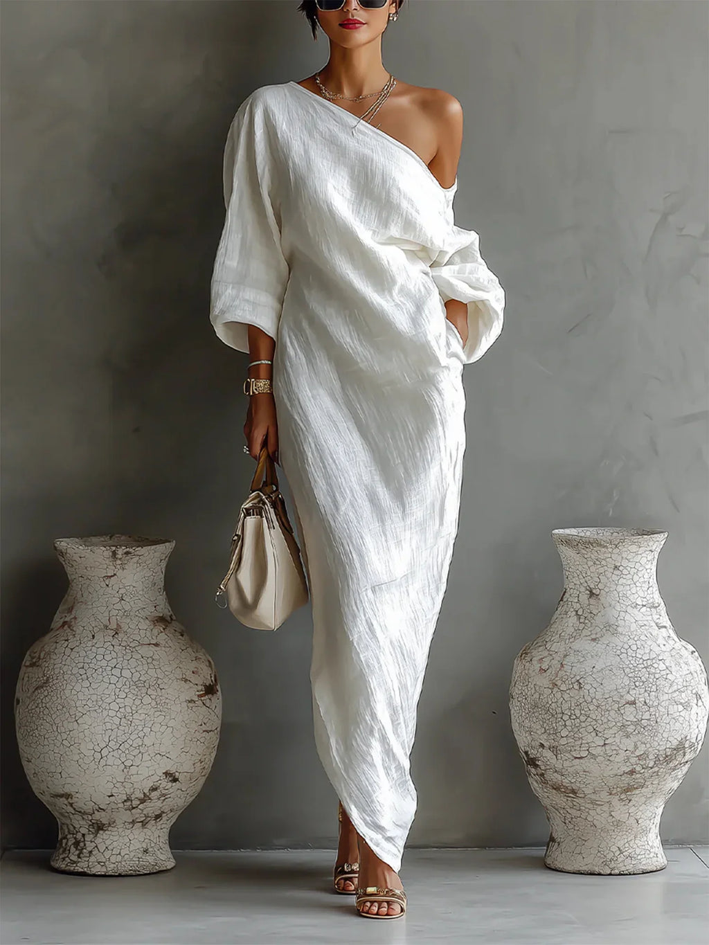 Women's Linen Balloon Sleeve Long Dress Off-Shoulder Oversized Relaxed Fit Casual Summer Beach Vacation Resort Everyday – Brisa - Lolly 