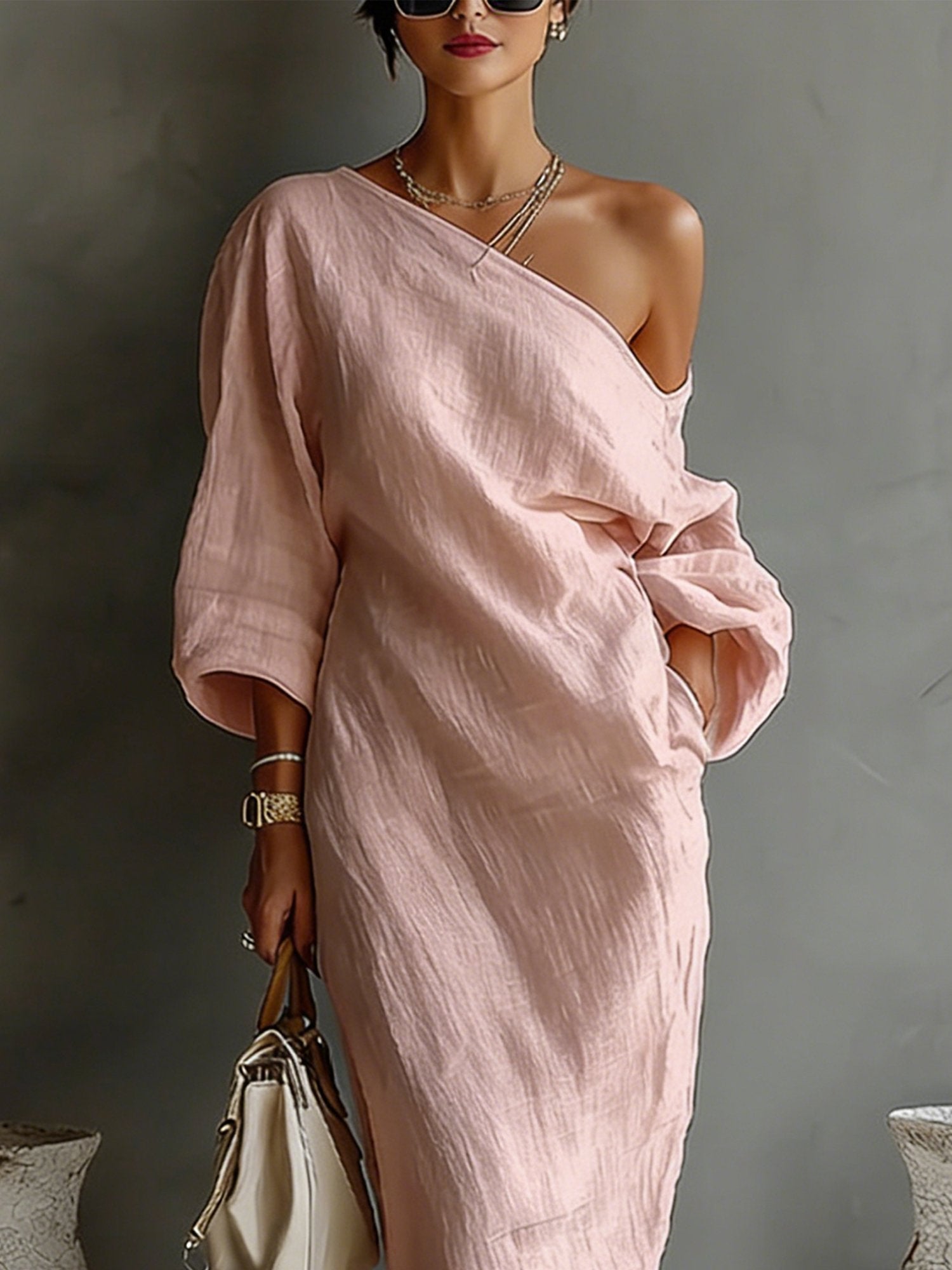 Women's Linen Balloon Sleeve Long Dress Off-Shoulder Oversized Relaxed Fit Casual Summer Beach Vacation Resort Everyday – Brisa - Lolly 