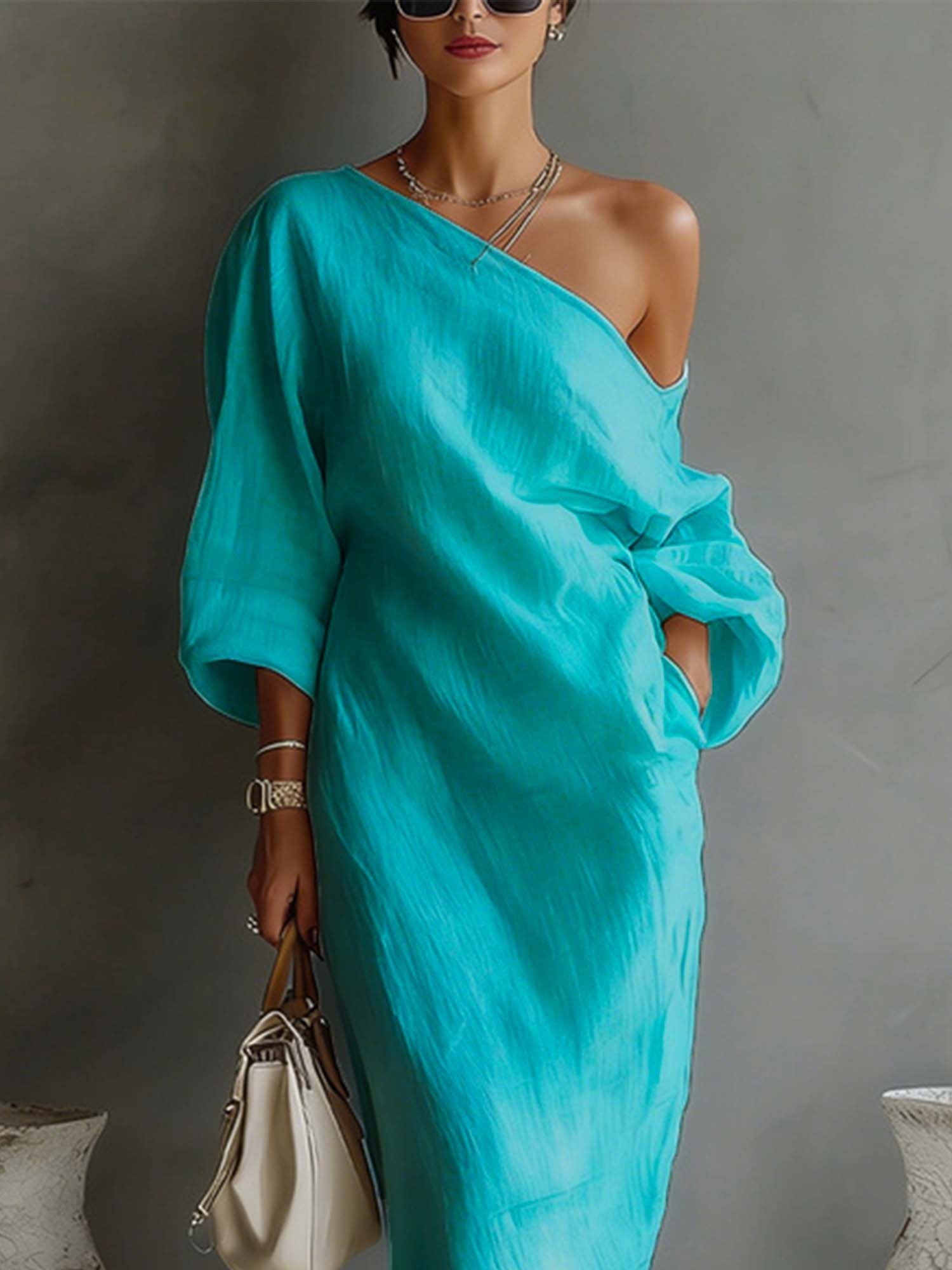 Women's Linen Balloon Sleeve Long Dress Off-Shoulder Oversized Relaxed Fit Casual Summer Beach Vacation Resort Everyday – Brisa - Lolly 