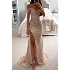 Women's Long Off-Shoulder Sequin Evening Dress Slit Elegant Formal Gown – Wensilian - Lolly 