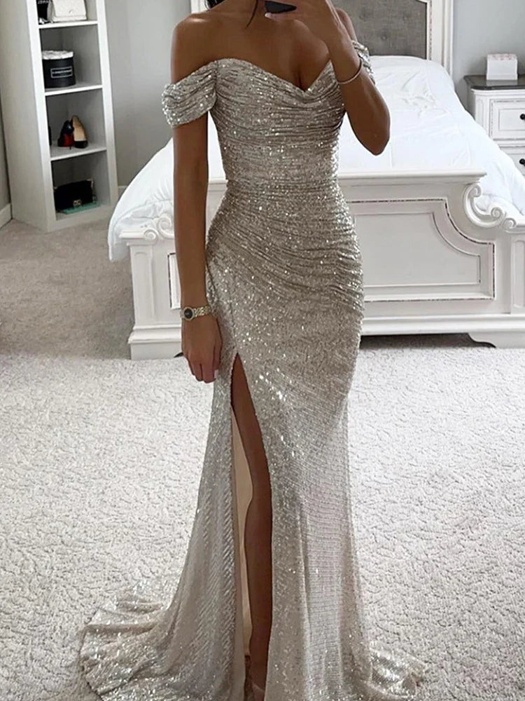 Women's Long Off-Shoulder Sequin Evening Dress Slit Elegant Formal Gown – Wensilian - Lolly 