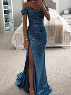 Women's Long Off-Shoulder Sequin Evening Dress Slit Elegant Formal Gown – Wensilian - Lolly 