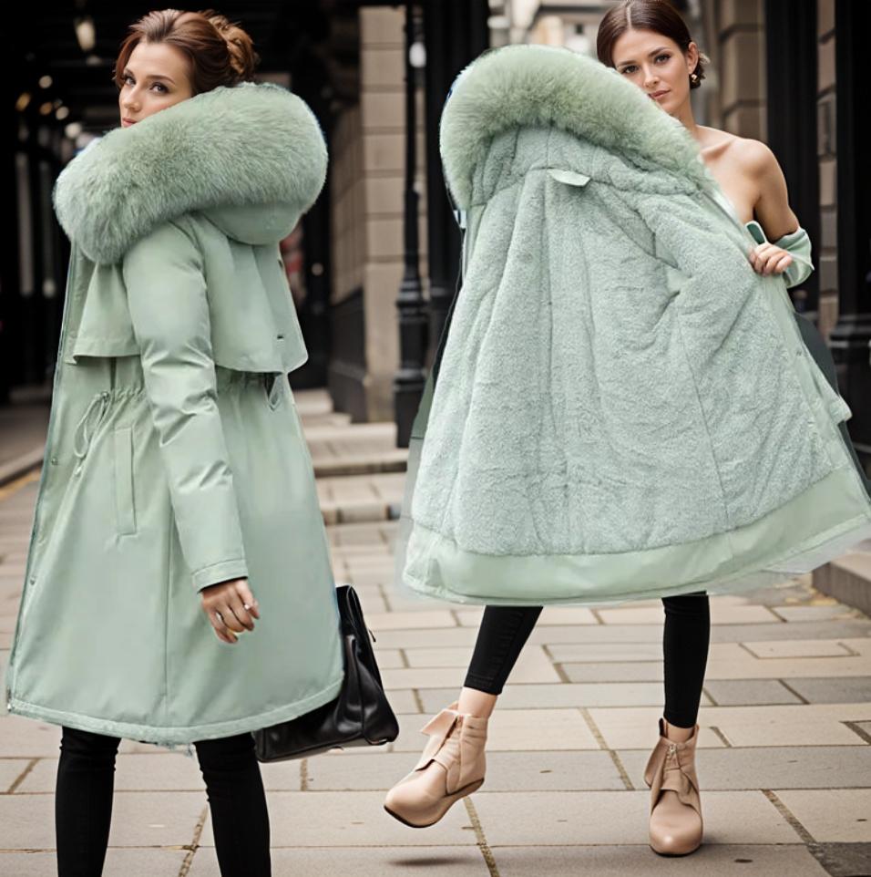 Women's Long Parka Coat Faux Fur Hood Drawstring Waist Winter Waterproof Padded - Lolly 