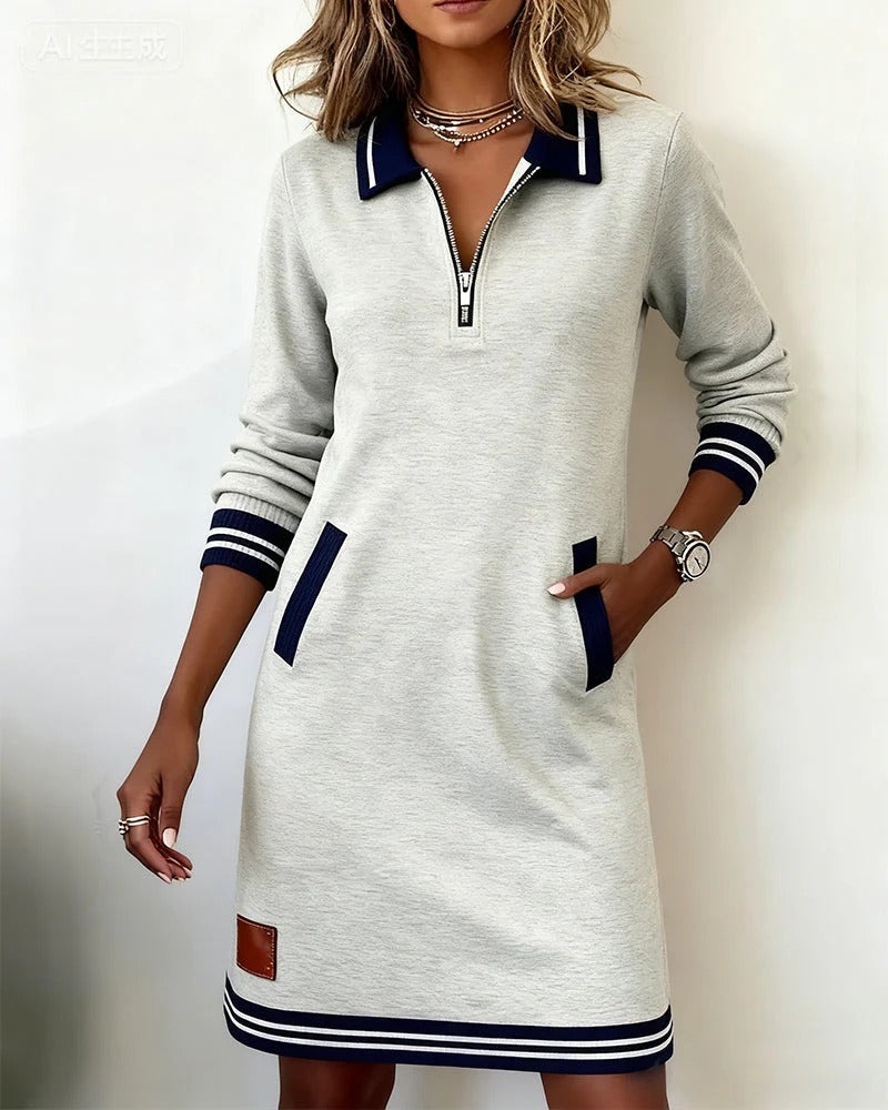 Women's Long Sleeve Cotton Blend Zip-Up Lapel Collar Mini Dress Side Pockets Casual Work Office Everyday Autumn Winter – Claudette - Lolly 