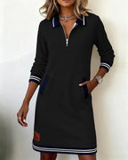 Women's Long Sleeve Cotton Blend Zip-Up Lapel Collar Mini Dress Side Pockets Casual Work Office Everyday Autumn Winter – Claudette - Lolly 