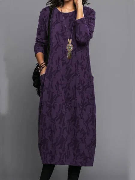 Women's Long Sleeve Midi Dress With Pockets Casual Summer Print Comfortable Everyday Relaxed Fit - Lolly 