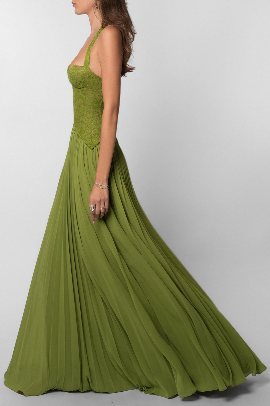 Women's Long Wedding Dress Pleated Lace Halter Bodice Fluid Skirt Formal Elegant Gown – Kenley - Lolly 