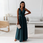 Women's Long Wedding Guest Dress Elegant Wrap Bodice Fluid Silhouette Formal Ceremony Gown - Lolly 