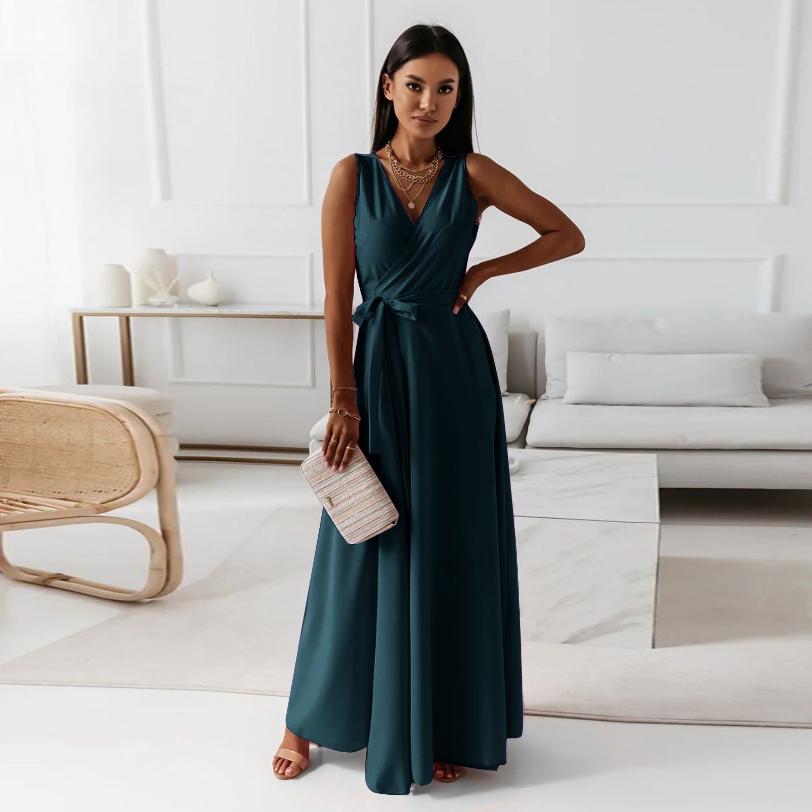Women's Long Wedding Guest Dress Elegant Wrap Bodice Fluid Silhouette Formal Ceremony Gown - Lolly 