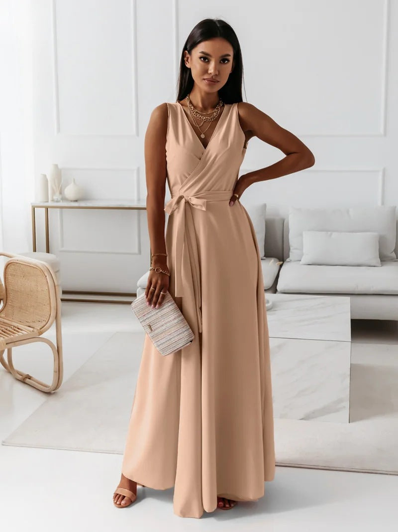 Women's Long Wedding Guest Dress Elegant Wrap Bodice Fluid Silhouette Formal Ceremony Gown - Lolly 