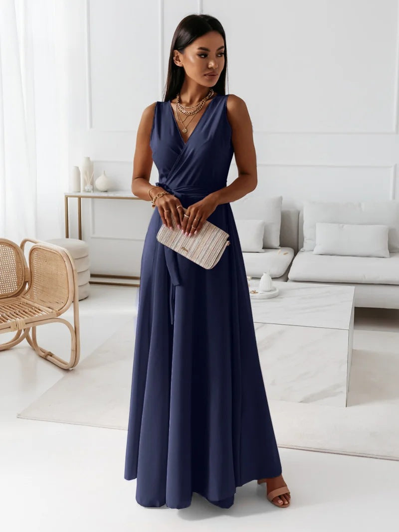 Women's Long Wedding Guest Dress Elegant Wrap Bodice Fluid Silhouette Formal Ceremony Gown - Lolly 