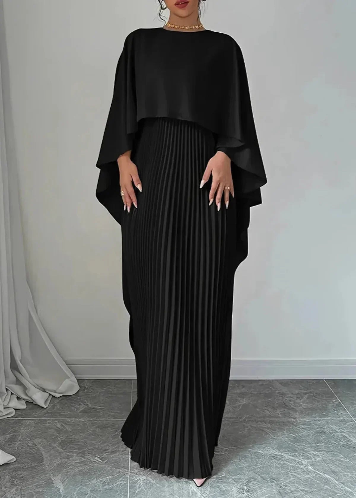 Women's Long Wedding Guest Dress Pleated Cape Overlay Fluid Elegant Formal Gown – Makayla - Lolly 