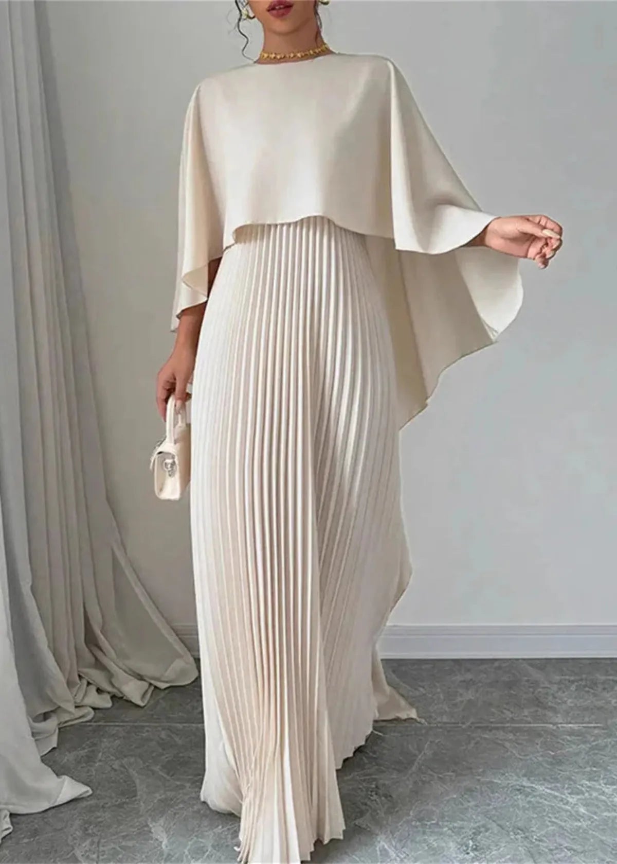 Women's Long Wedding Guest Dress Pleated Cape Overlay Fluid Elegant Formal Gown – Makayla - Lolly 