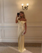 Women's Long Wedding Off-Shoulder Satin Dress Open Back Fluid Elegant Formal Gown – Alicia - Lolly 