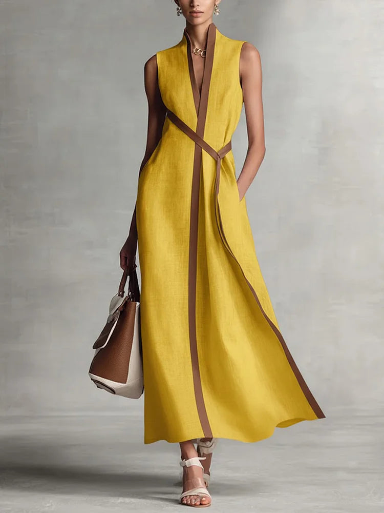 Women's Loose Sleeveless Cotton Linen Midi Formal Dress High Neck Summer Beach Vacation Work Everyday – Aurora - Lolly 
