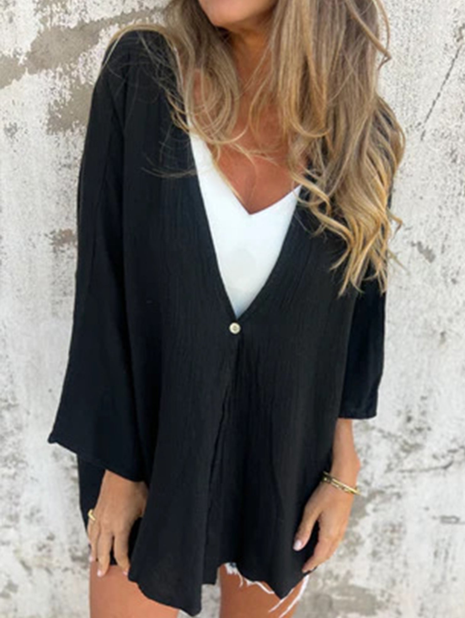 Women's Loose V-Neck Cardigan Mid-Length Sleeve Open Front Lightweight Casual Everyday Sweater – Multicolor - Lolly 