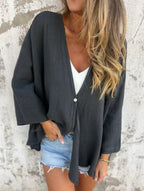 Women's Loose V-Neck Cardigan Mid-Length Sleeve Open Front Lightweight Casual Everyday Sweater – Multicolor - Lolly 