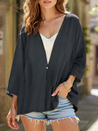 Women's Loose V-Neck Cardigan Mid-Length Sleeve Open Front Lightweight Casual Everyday Sweater – Multicolor - Lolly 