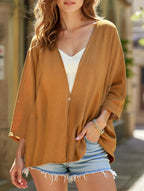 Women's Loose V-Neck Cardigan Mid-Length Sleeve Open Front Lightweight Casual Everyday Sweater – Multicolor - Lolly 