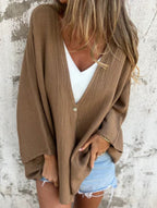 Women's Loose V-Neck Cardigan Mid-Length Sleeve Open Front Lightweight Casual Everyday Sweater – Multicolor - Lolly 