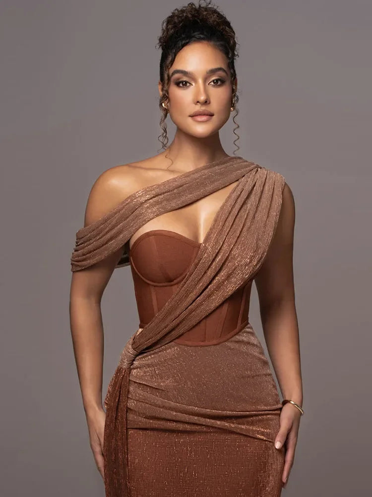 Women's Luxe One-Shoulder Long Dress Sculpted Bodycon Formal Wedding Evening Gala Elegant – Agatha - Lolly 