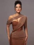 Women's Luxe One-Shoulder Long Dress Sculpted Bodycon Formal Wedding Evening Gala Elegant – Agatha - Lolly 