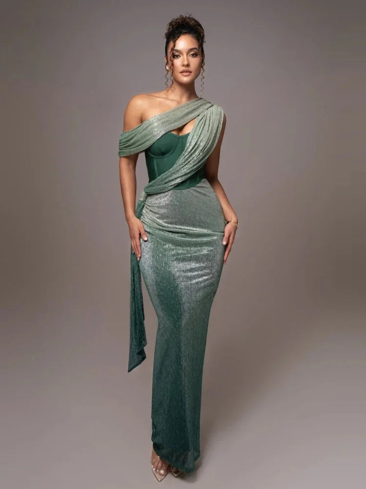 Women's Luxe One-Shoulder Long Dress Sculpted Bodycon Formal Wedding Evening Gala Elegant – Agatha - Lolly 