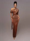 Women's Luxe One-Shoulder Long Dress Sculpted Bodycon Formal Wedding Evening Gala Elegant – Agatha - Lolly 
