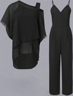Women's Luxury Chiffon Two-Piece Set Overlay Top Wide-Leg Pants Elegant Evening Office Loose Fit - Lolly 