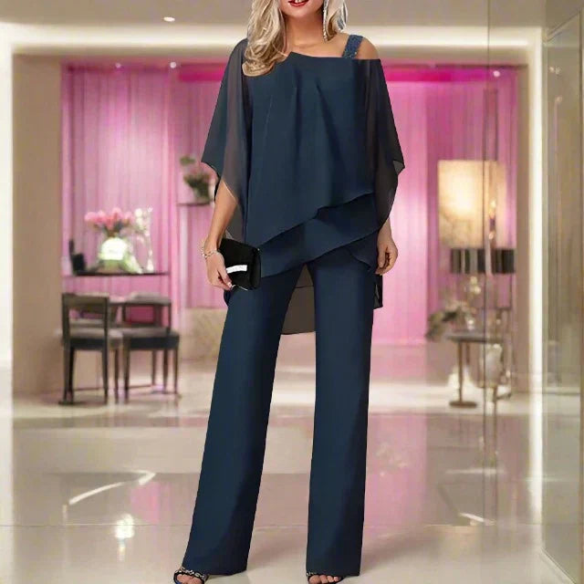 Women's Luxury Chiffon Two-Piece Set Overlay Top Wide-Leg Pants Elegant Evening Office Loose Fit - Lolly 