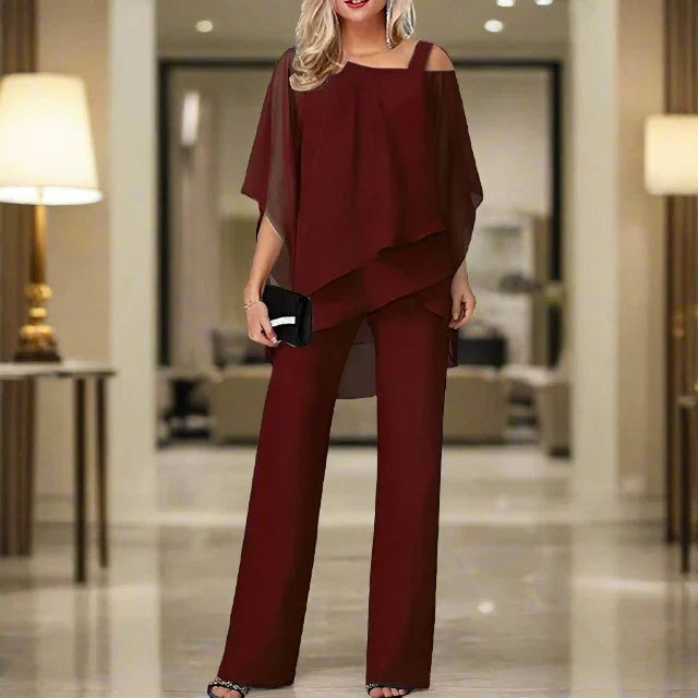 Women's Luxury Chiffon Two-Piece Set Overlay Top Wide-Leg Pants Elegant Evening Office Loose Fit - Lolly 