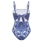 Women's Majolica Print One-Piece Swimsuit & Skirt or Shorts Set Sling Neck Beach Vacation Resort Pool Party Cruise Summer – Blue & White - Lolly 