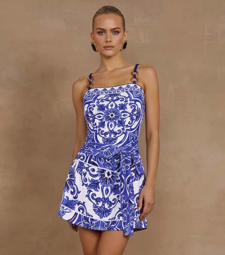 Women's Majolica Print One-Piece Swimsuit & Skirt or Shorts Set Sling Neck Beach Vacation Resort Pool Party Cruise Summer – Blue & White - Lolly 